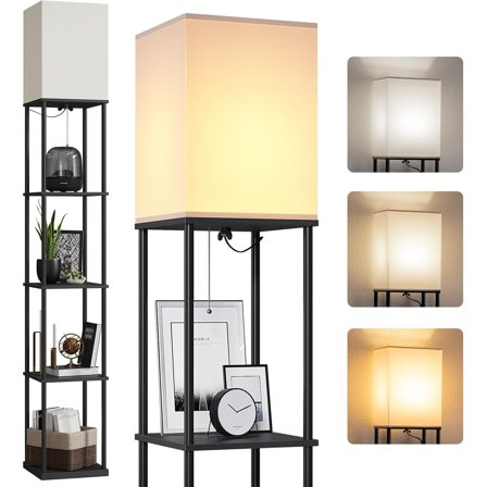 5 Tier Floor Lamp with Shelves, Modern Square Standing Lamp with 3 Color Temperature Bulb, Corner Display Bookshelf Lamp for Living Room and Bedroom, Tall Shelf Floor Lamp