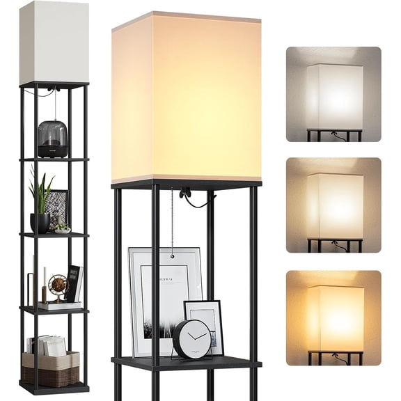 5 Tier Floor Lamp with Shelves, Modern Square Standing Lamp with 3 Color Temperature Bulb, Corner Display Bookshelf Lamp for Living Room and Bedroom, Tall Shelf Floor Lamp