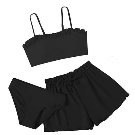 JIUWEN Girls Ruffle Swimsuit 3 Piece Bathing Suits Flounce Bikini Beach Swimwear with Cover Ups Skirt-Black-150 Girls Swimsuit Bikini Swimsuit for Girls Girls Swimsuits Size 6