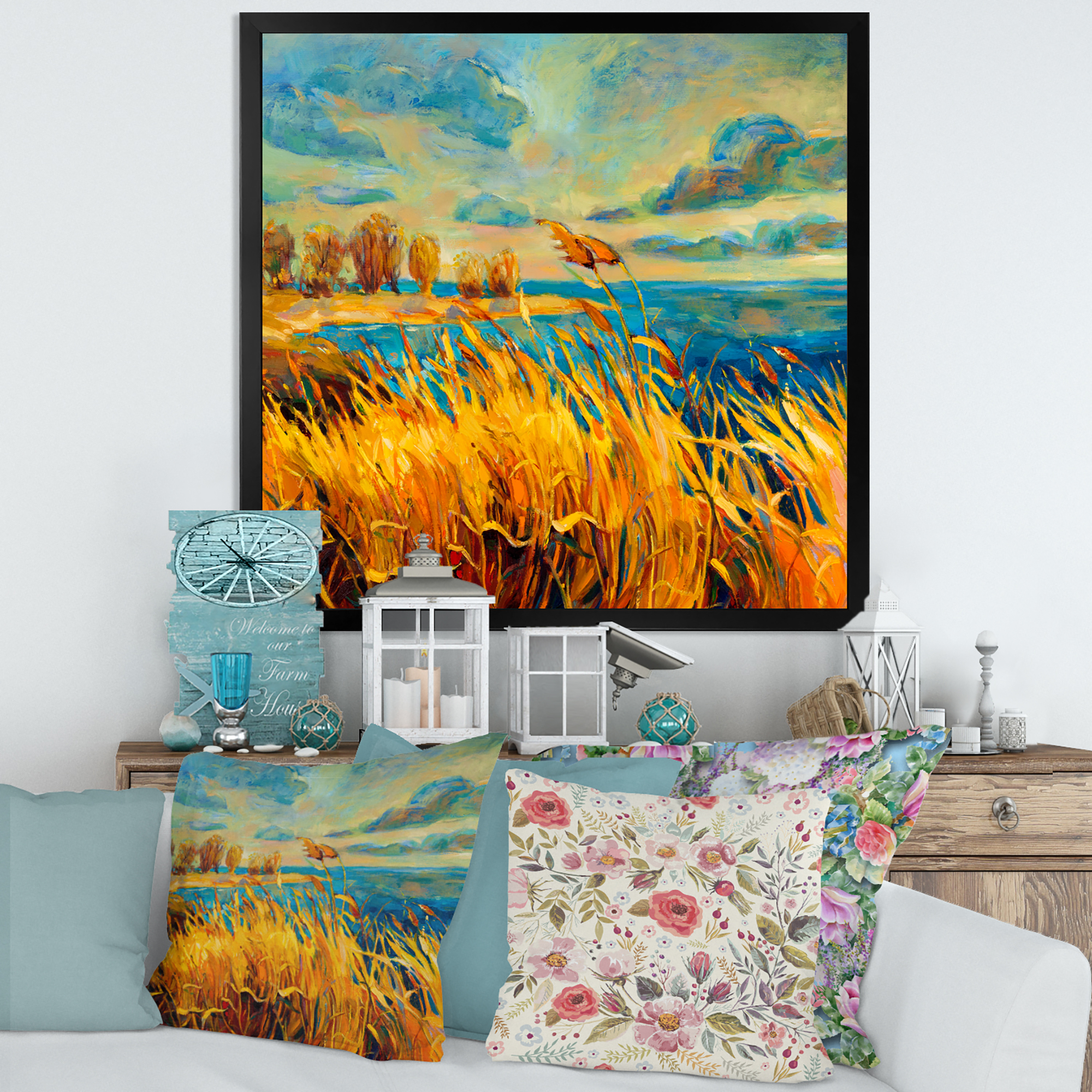 Designart 'Sunset Over Vibrant Lake' Nautical & Coastal Framed Art Print