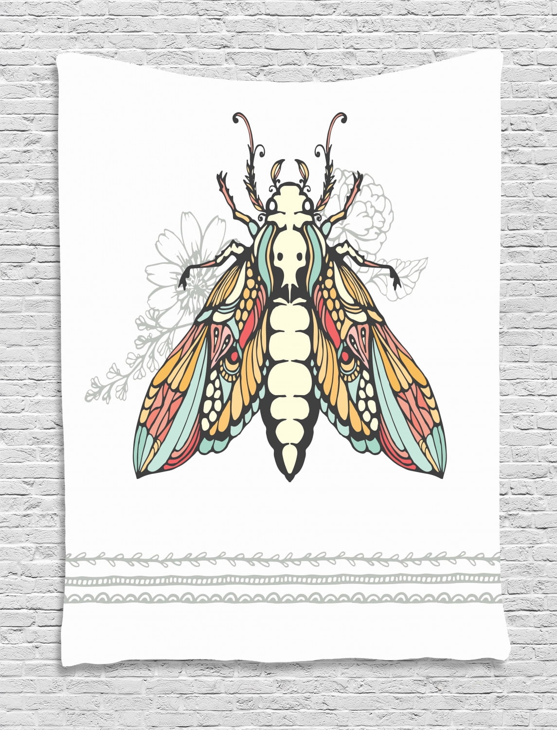 Death Moth Tapestry, Ornamental Wings Butterfly with Flower Petals and