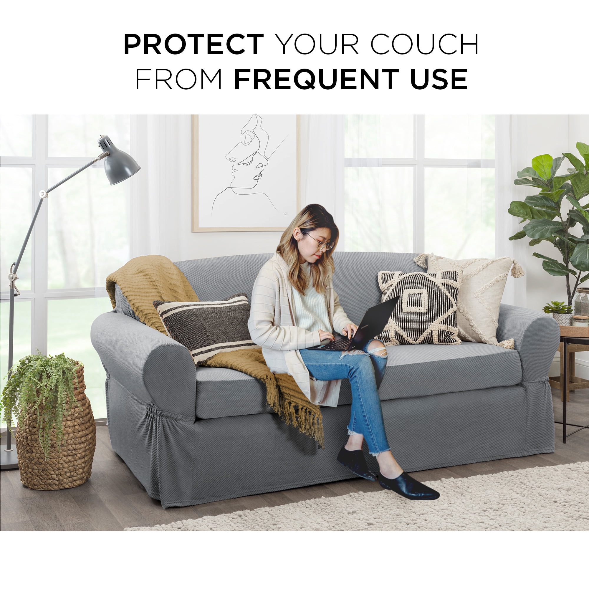 Zenna Home Pixel 2-Piece Stretch Sofa Furniture Slipcover, Steel Blue