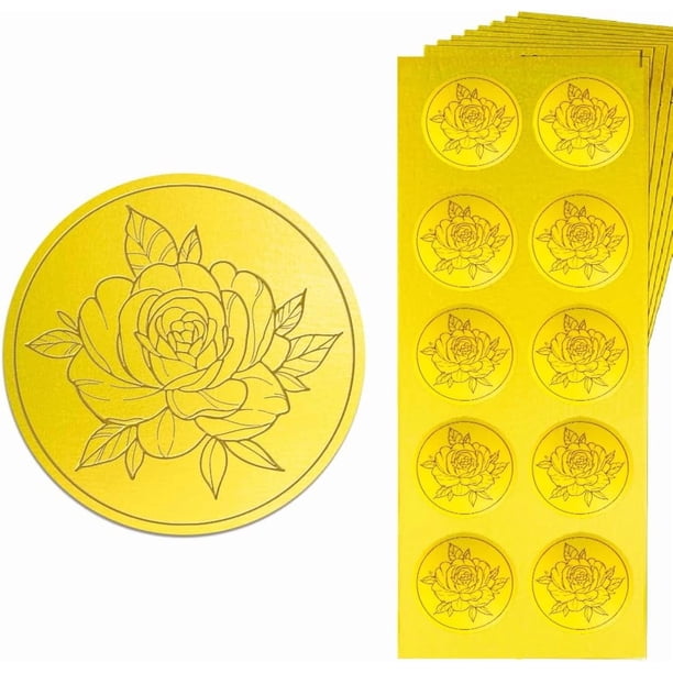 Sello adhesivo dorado con relieve de rosas y flores, 1,4 pulgadas, 150 unidades. Calcomanías autoadhesivas doradas para relieve.
