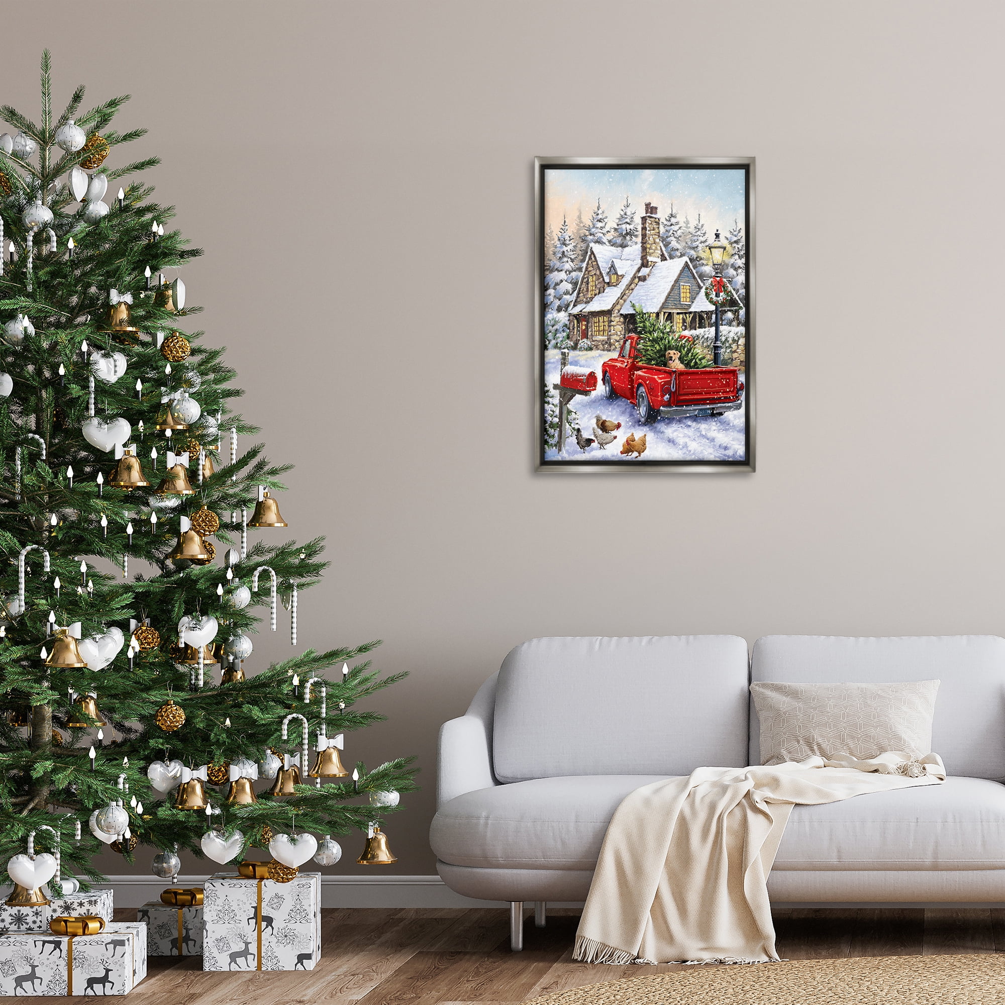 Stupell Industries Rustic Holiday Scene Holiday Painting Gray Floater Framed Art Print Wall Art, 21 x 31