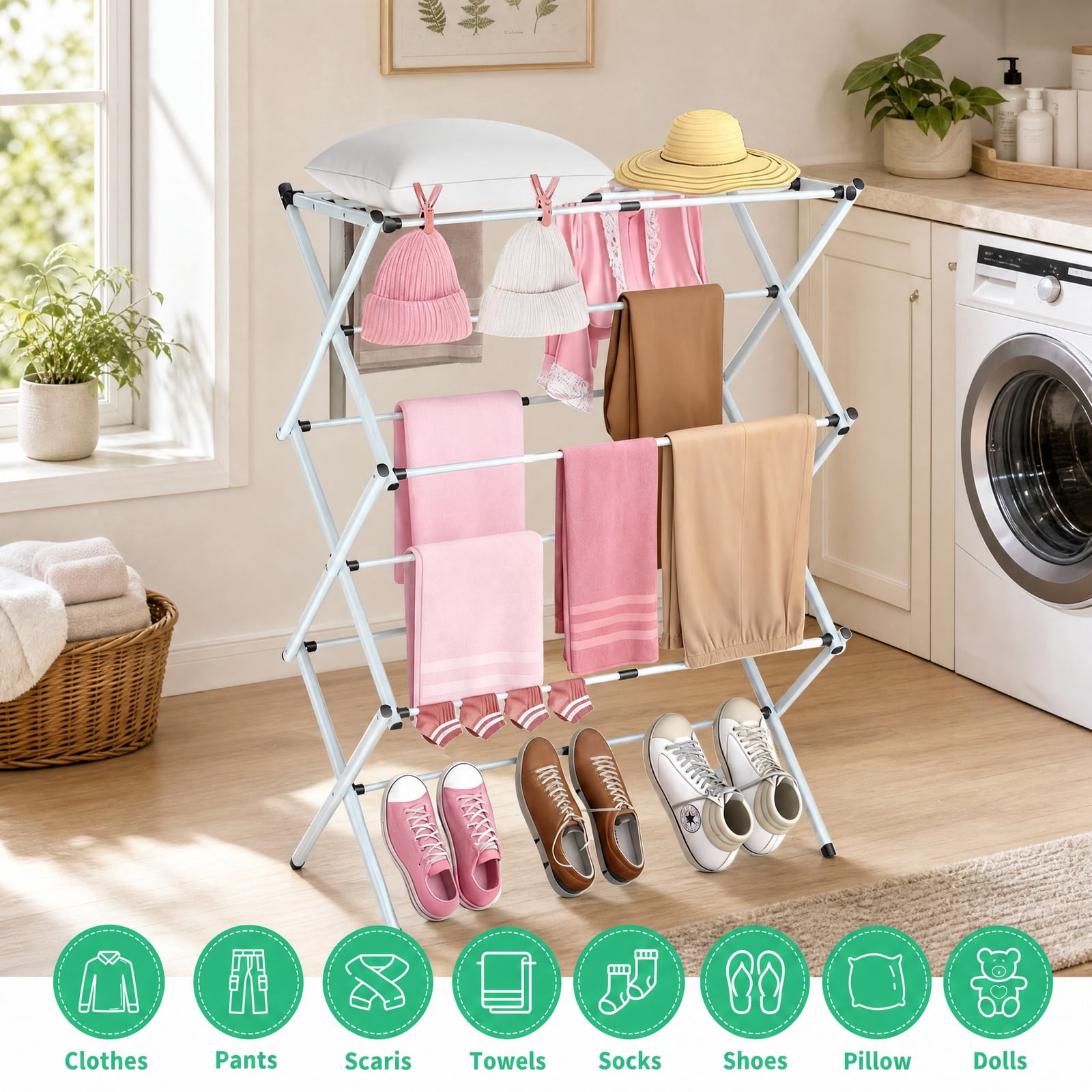 Fenbeli 3-Tier Clothes Drying Rack, White Foldable Steel Laundry Stand with 11 Drying Rods, Space-Saving Design for Indoor and Outdoor Use