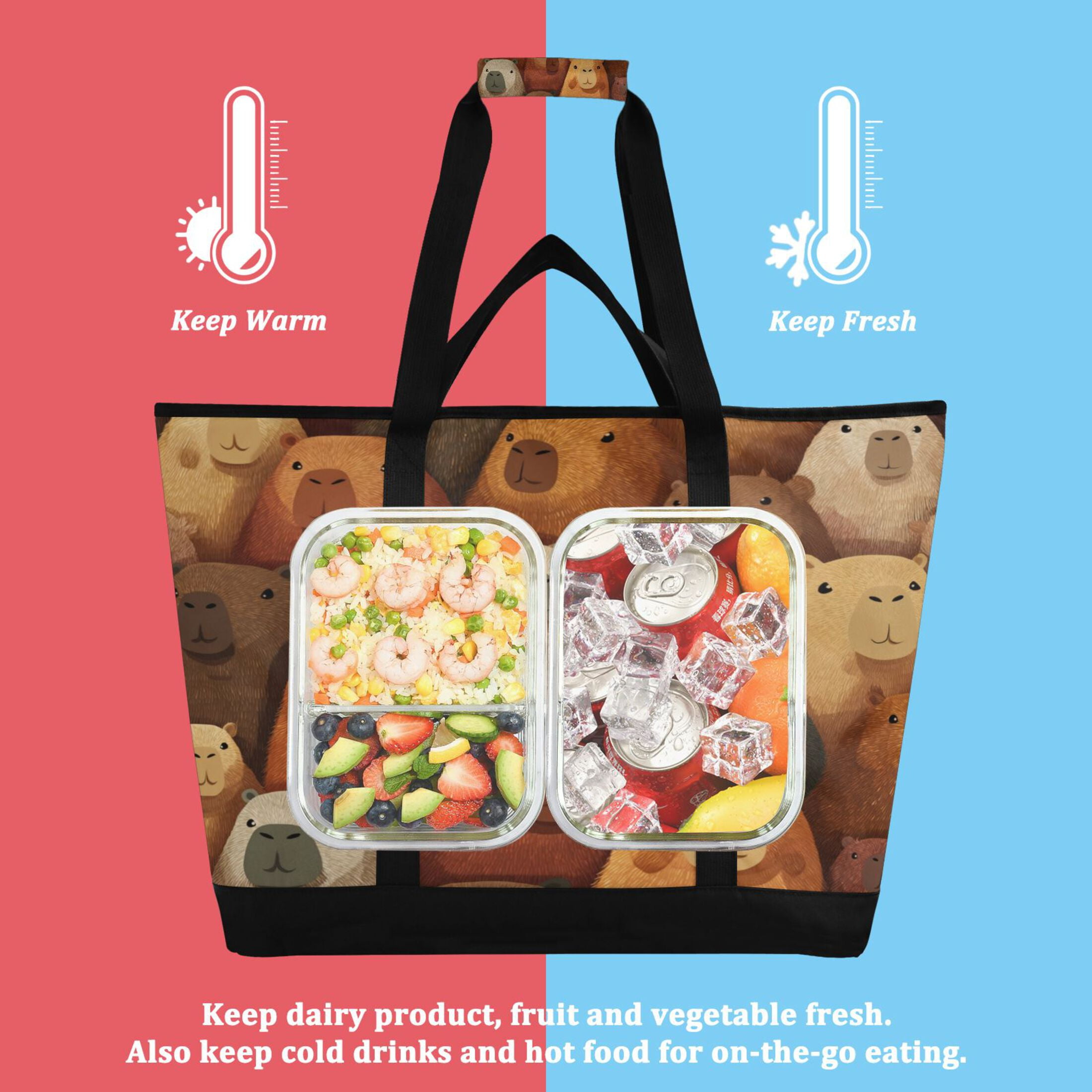 Large Hand-held Ice Pack Picnic Bag Insulation and Refrigeration Suitable for Shopping Picnics and Camping Capibara Seamless