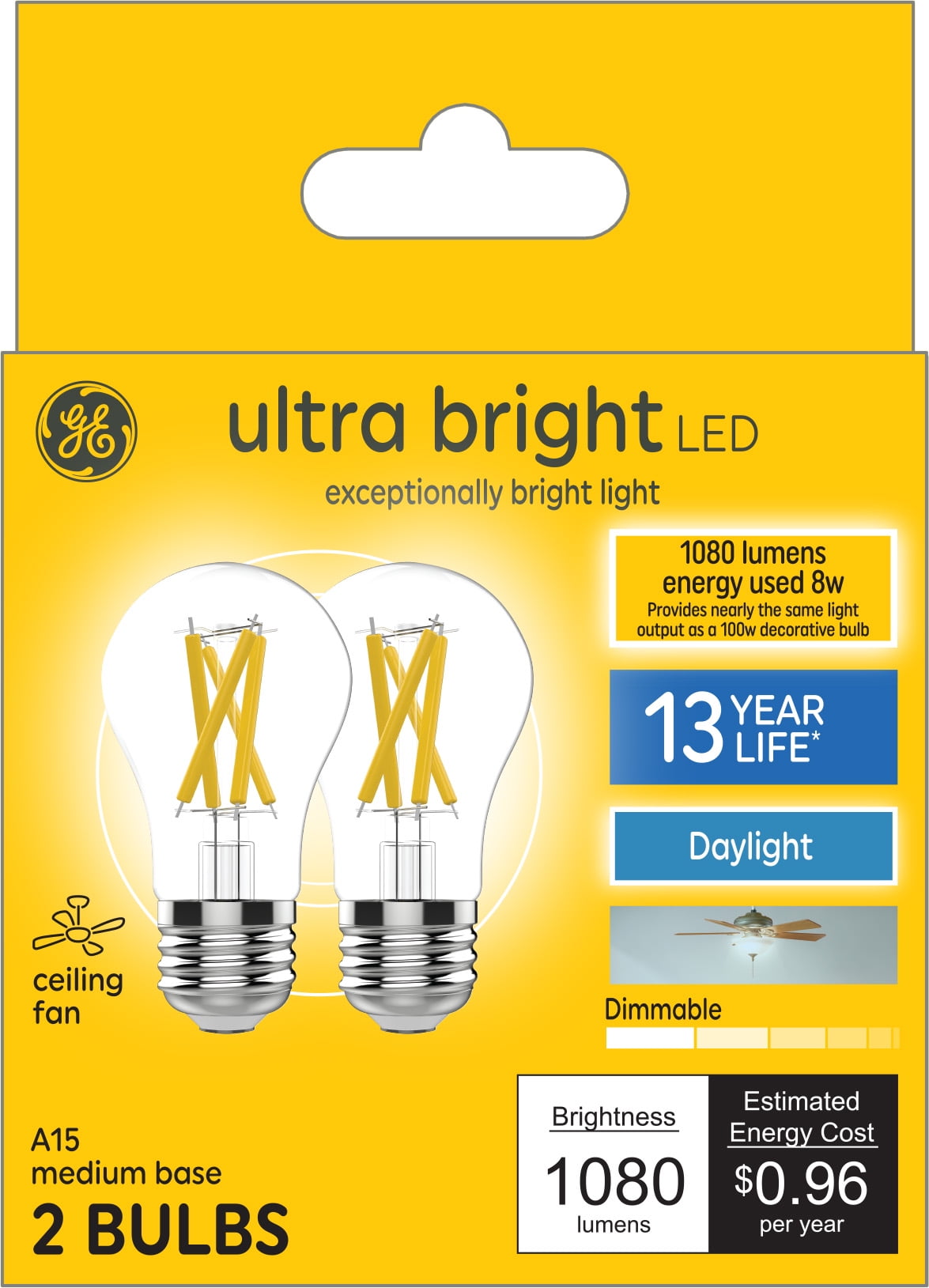 GE Ultra Bright LED Ceiling Fan Light Bulbs, 100 Watt Eqv, Daylight, Medium Base, 2pk