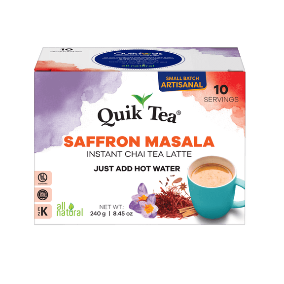 QuikTea Instant Saffron Masala Chai Tea Latte, 10 Single-Serve Sachets, Artisanal Indian Chai Latte Mix, Just Add Hot Water, Low Caffeine, Non-GMO, Gluten Free