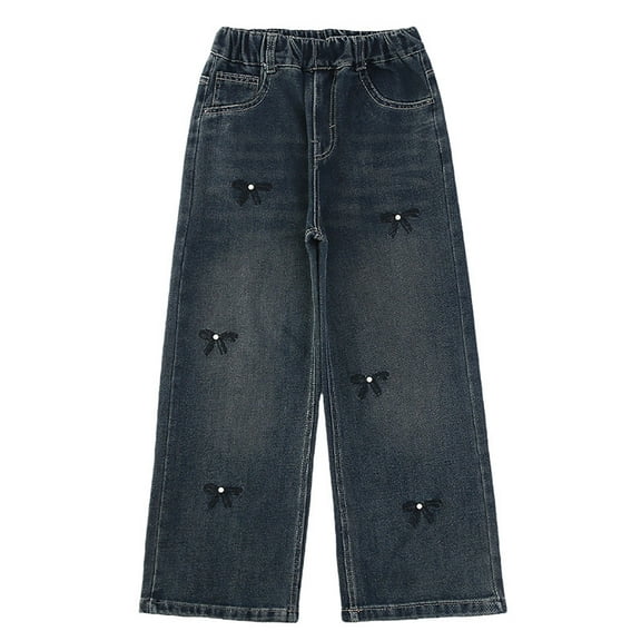 Utlike Girls Denim Pants School Uniform For Girls Jeans Loose Straight Leg Pants With Bow Design For Kids Spring And Autumn Trendy Trousers For Daily Wear Size 4 Years-5 Years