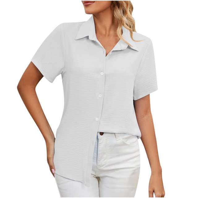 Bigersell Hauts d'Été pour Femmes 2023 Mode Féminine Manches Courtes Boutons Col Rond Graphique Couleur Unie Hauts Amples Blouse Manches Tunique Régulière Col Rond Chemises Manches Courtes Style B24645, Blanc m