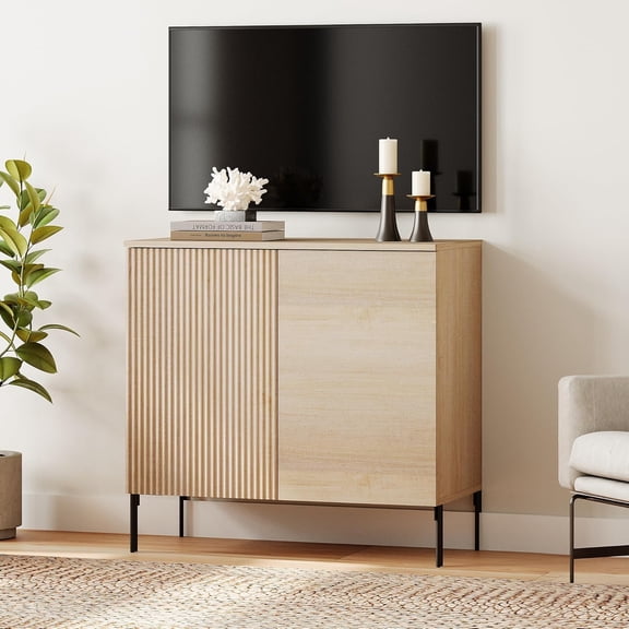 WAMPAT 31.5" W Fluted TV Stand TVs up to 35", Modern TV Entertainment Center with Storage and Adjustable Shelves, Wood Media TV Consoles Table with Storage for Living Room