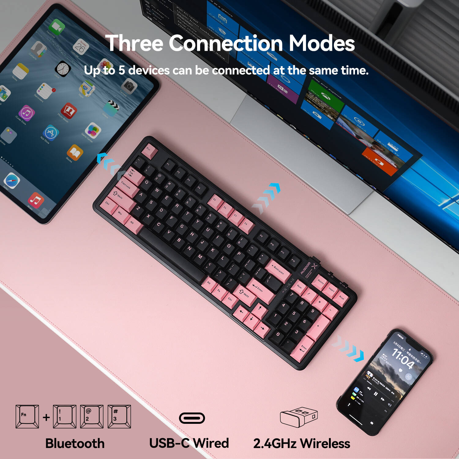 AUSDOM 98Pro Wireless Mechanical Keyboard - 97 Keys, Silent Tactile Switches, Tri-Mode (Bluetooth/2.4GHz/USB-C), Hot Swappable, White Backlit, Gasket Structure, PBT Keycaps (Black & Pink Silent)