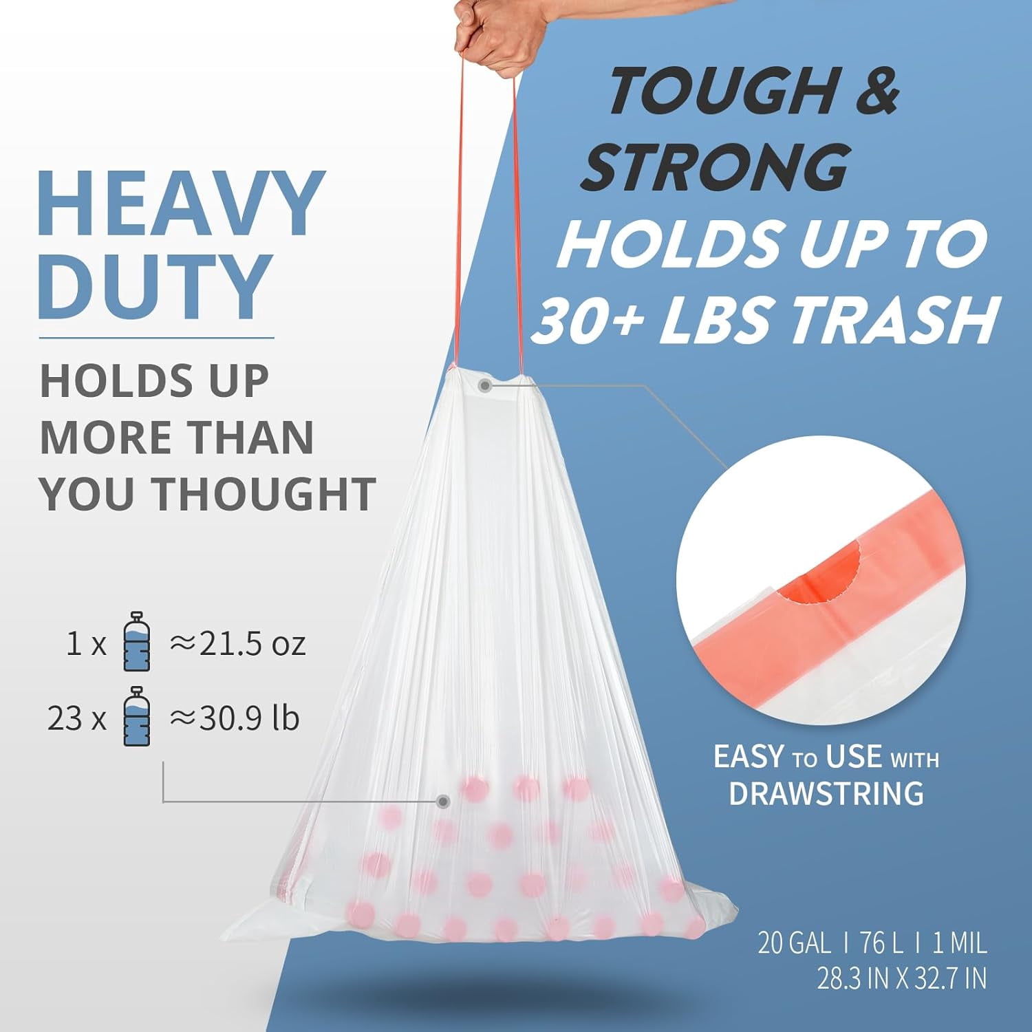 20 Gallon Trash Bags Fit 20-21 Gal, Extra Strong Large Garbage Bags w/Drawstring (102 Count) Heavy Duty Plastic Trash Liners for Kitchen Commercial Office Lawn, Clear