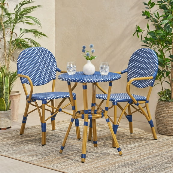 Patio Furniture Sets Outdoor PE Rattan and Aluminum 3 Piece French Bistro Set, Dark Teal & White, and Bamboo Finish,Outdoor Patio Furniture Sets