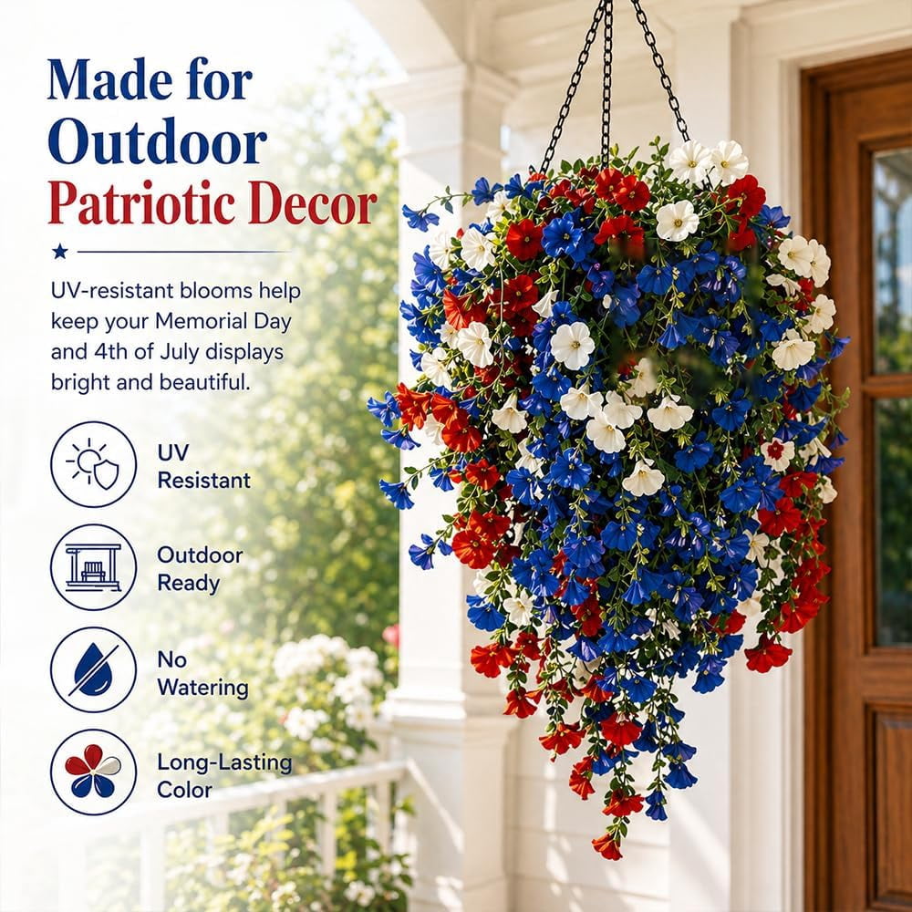 4th Of July Decoration Tricolor Patriotic Artificial Flower - Red White Blue UV Resistant Realistic Artificial Fake Hanging Silk Flowers for Memorial Day Independence Day (2Pcs With Solar LED lights)