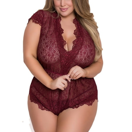 

TMGONE Women Plus Size Lounge Romper Lace Dream Eyelashes deep V-Neck Sexy Lingerie ， Wine Red， 2XL(Buy 2 Get 1 Free)