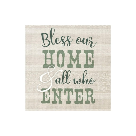 Bless Home & All Enter Ecru Linen Stripe 12 x 12 Wood Wall Sign Plaque