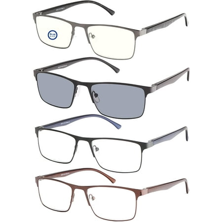 EFE 4 Pack Reading Glasses Computer Glasses Men Blue Light Blocking Metal Full Frame Readers for Men Include Sun Readers Anti UV