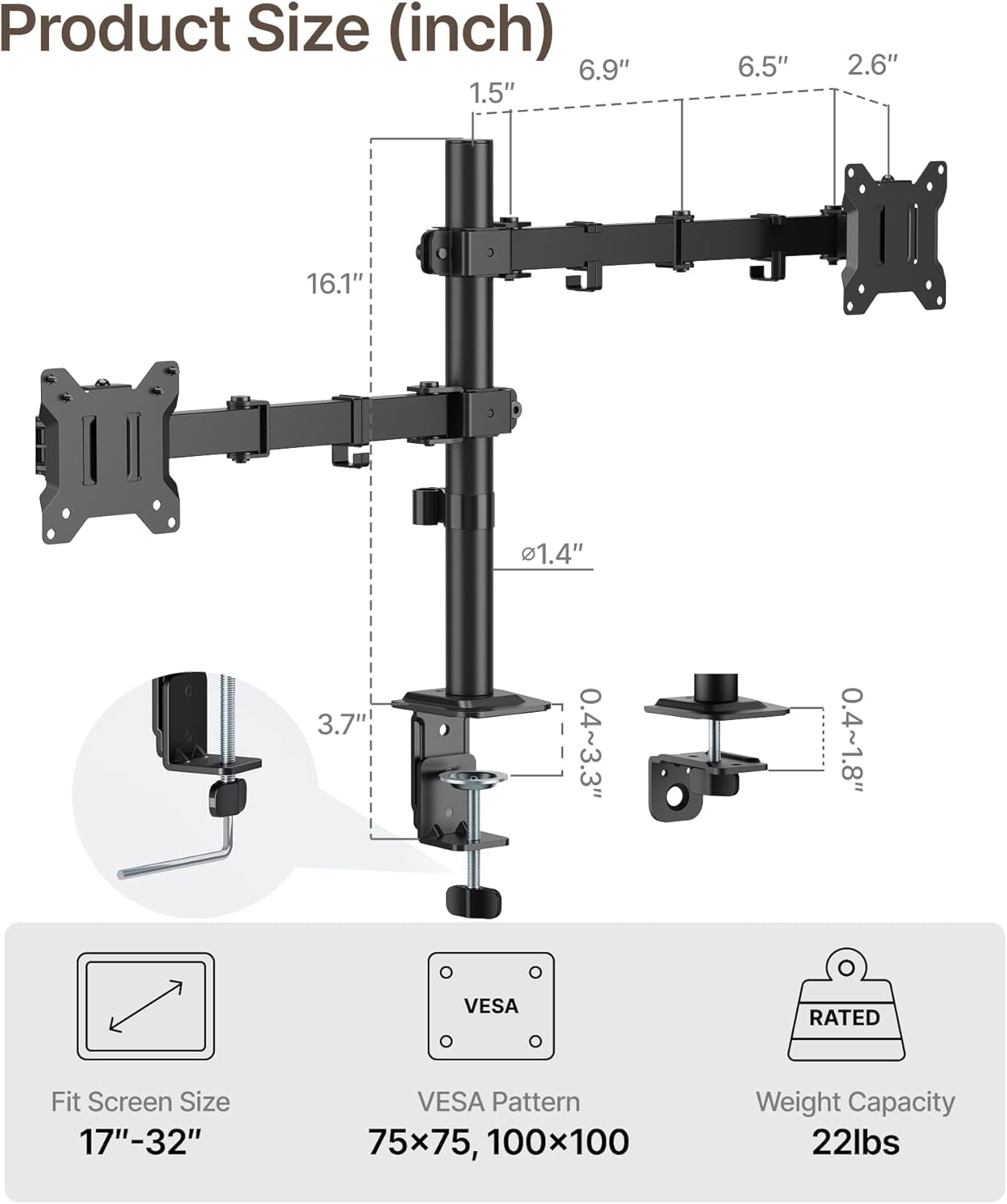 monTEK Dual Monitor Stand for 17–32 Inch Screens, Adjustable Desk Mount Holds up to 22 lbs per Arm, Full Motion Monitor Mount with C-Clamp/Grommet, VESA 75x75/100x100