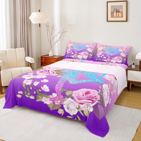 Homewish Children Teenagers Sport Figure Skating Twin Sheet Sets 3pcs,Gradient Bling Splash Twin Fitted Sheet Microfiber,Chic Floral Flowers Breathable Flat Sheet,Super Cozy Room Decor