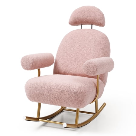 Upholstered Rocking Chair,with High Backrest, Armrest and Adjustable Headrest, Comfortable Nursery Rocking Chair for Living Room, Bedroom, Office(Beige)