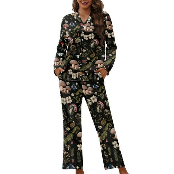 FOR U DESIGNS Flower Mushroom Pajama Sets for Women 2 Piece Button Down Long Sleeve Button Up Pajamas Long V-neck for Women Size XS Jogger Loungewear with Pockets