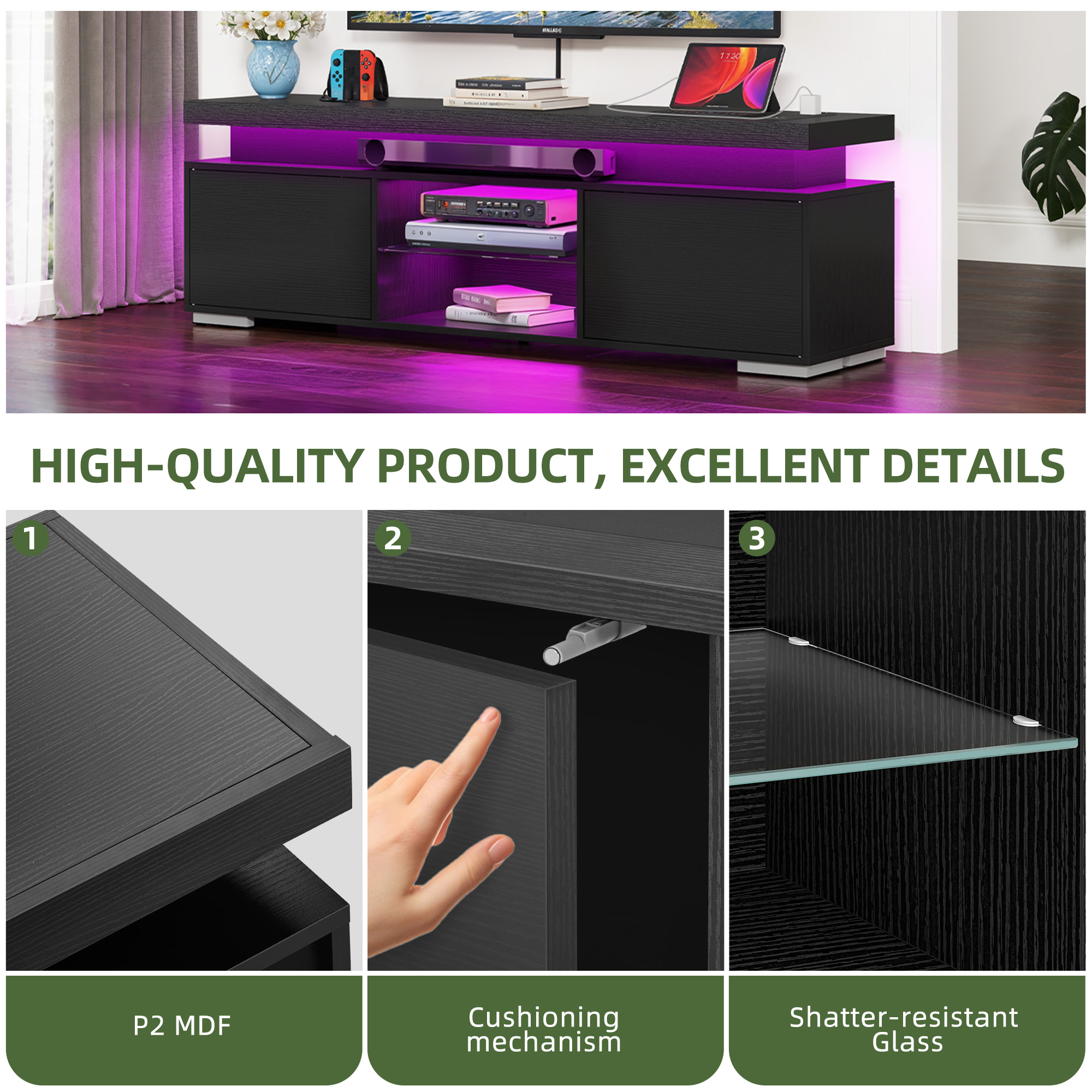 Uforic TV Stand for 65 inch TV with LED Light, Modern Entertainment Center TV Console Media Cabinet, Black