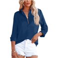 thumbnail image 3 of Camisas con botones para mujer, cuello en V, satén, casual, manga larga/corta, blusas lisas, blusas de trabajo de oficina con bolsillo, 3 of 5