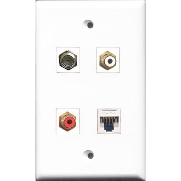 RiteAV 1 Port RCA Red and 1 Port RCA White and 1 Port Coax Cable TV- F-Type and 1 Port Cat5e Ethernet White Wall Plate