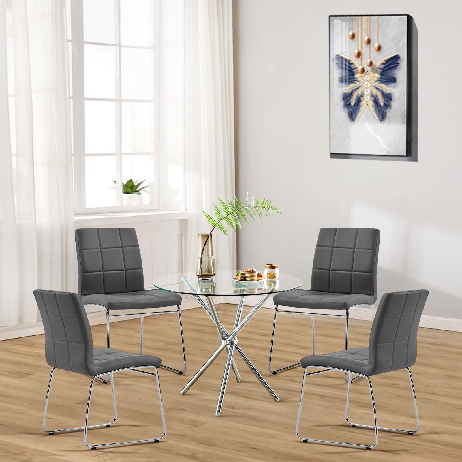 GIZZA Small Round Glass Dining Table and Chairs Set of 2 Modern Kitchen Corner Table and 4 Grey Distressed Faux Leather Chair Silver Chrome Cantilever Base,for Living Room Lounge Office Decoration 