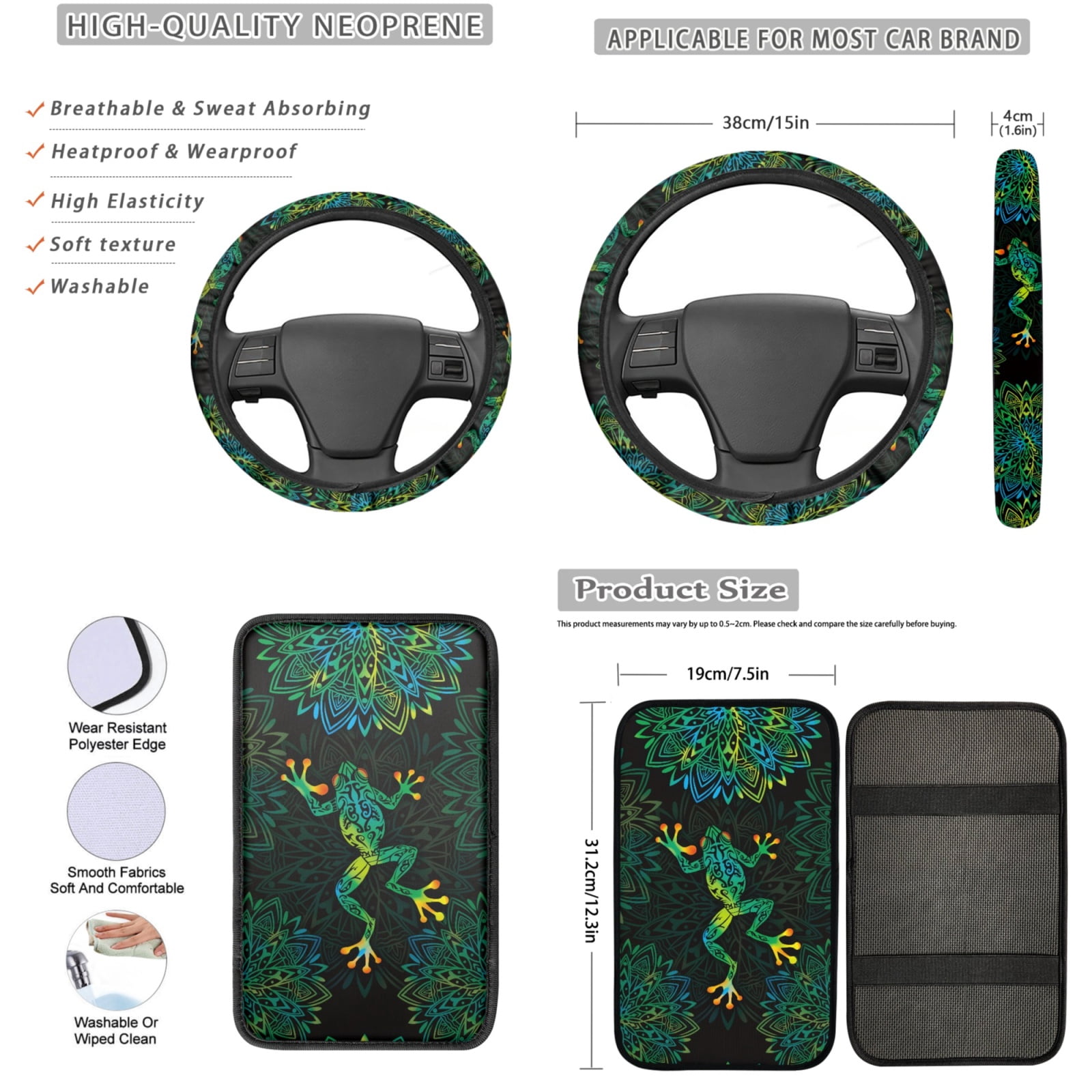 Yuyamidu Boho Flowers Front Rear Car Seat Covers Full Set of 13 Funny Frog Steering Wheel Cover Seat Belt Pads Armrest Cover Cup Holders Lip Gloss Holder Keychain