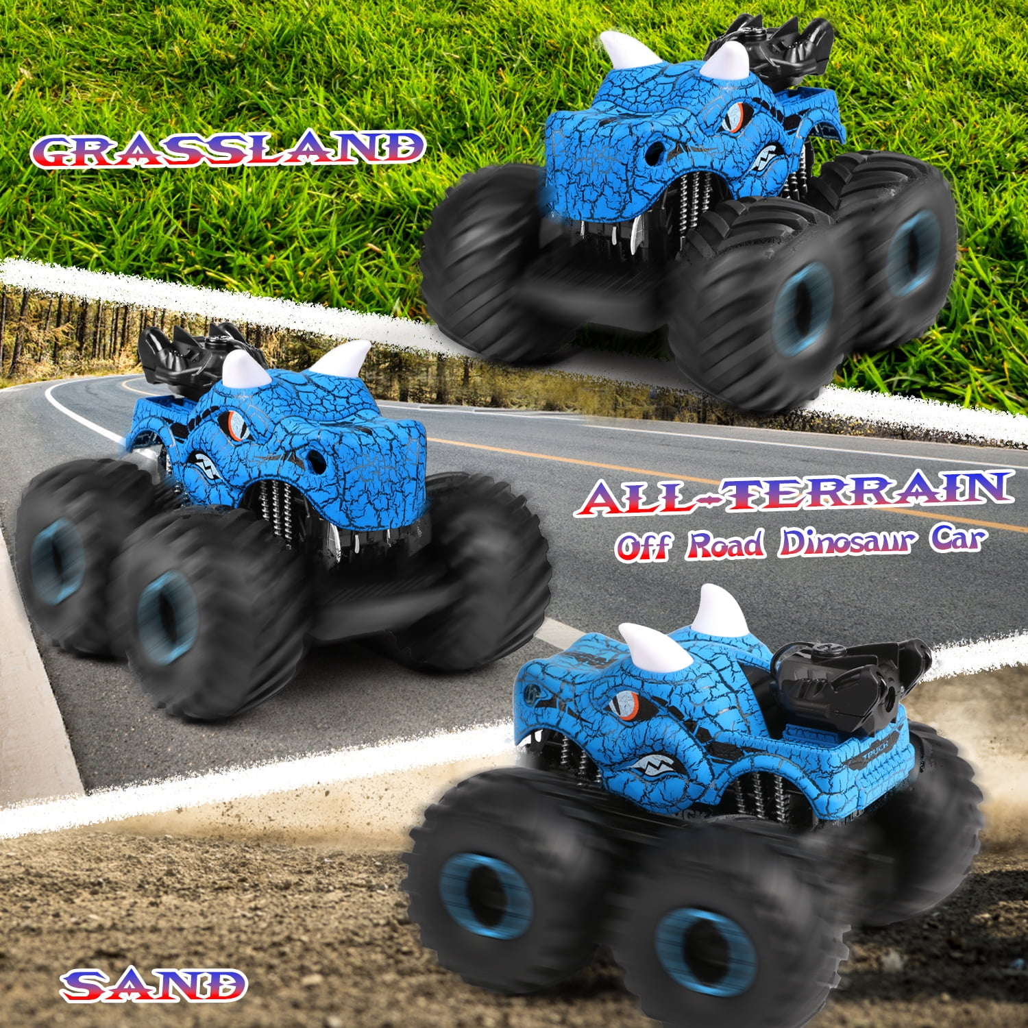 Huge Wave Dinosaur Remote Control Car, 2.4GHz RC Monster Trucks Toys with Spray, Light & Sound, All Terrain RC Cars Toys Christmas Birthday Gift,Blue