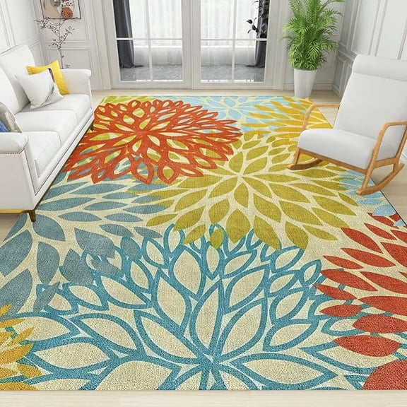 Colorful Flower Plants Area Rug, Dahlia Petals Non Slip Easy Care Kids Rugs, Breathable Durable Carpet for Indoor Bedroom Living Room Office Decor Rug 3 x 5ft
