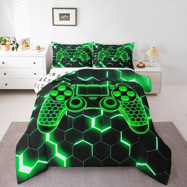 Erosebridal Green Gamepad Bedding King Comforter Set, Gradient Geometry Down Comforter, Gaming Sports Decor, Reversible 3pcs
