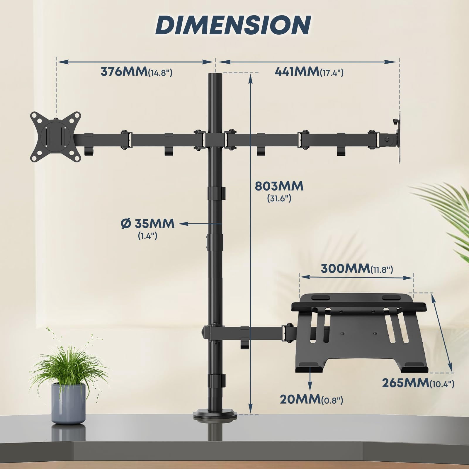 PUTORSEN Dual Monitor Stand and Laptop Mount Fit Two 17 to 32 Inch Monitor and 10 to 15 Inch Laptop,Extra Tall Adjustable Stand,19.8 lbs Weight Capacity per Arm,Black