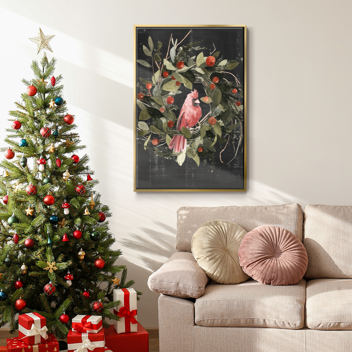 Christmas Cardinal II - Framed Gallery Wrapped Holiday Canvas - 27 x 41 - Gold Frame