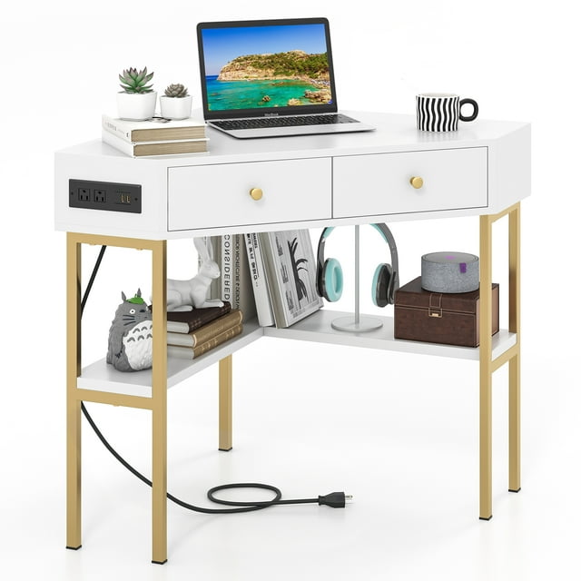 Costway Bureau d'Angle avec Station de Recharge Intégrée Tiroirs de Rangement et Étagères Ouvertes Bureau Blanc