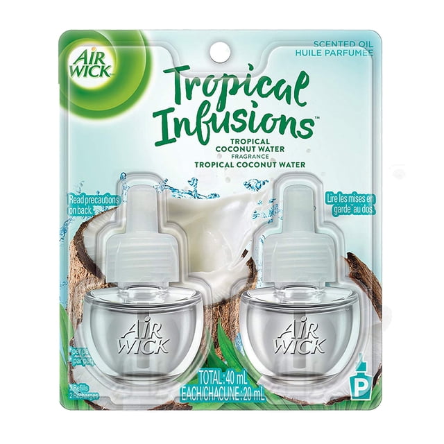 Désodorisant à Brancher, Recharges d'Huile Parfumée, Eau de Coco Tropicale, 2 Recharges, Édition Limitée par Air Wick