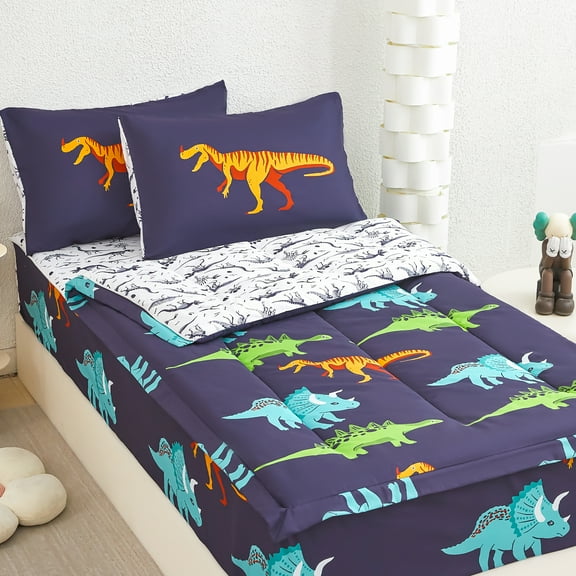ZRNBAST 3 Pieces Dinosaur Zipper Comforter Sets, Twin Size Bedding Set for Kids Boys, Soft Cartoon Dinosaurs Print Zip Up Bed Set with Fitted Sheet and Pillowcases(Dark Blue,Twin)