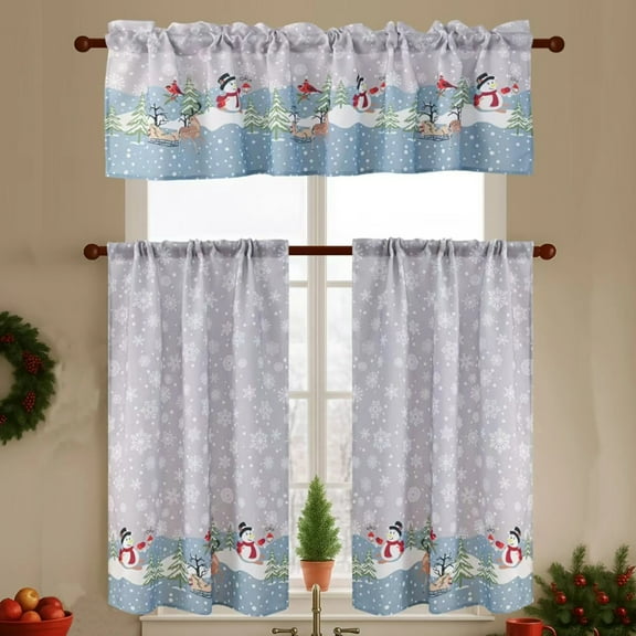 Christmas Kitchen Curtains 3 Piece Set – Holiday Window Valance and Tiers, Snowman & Festive Design, 100% Polyester