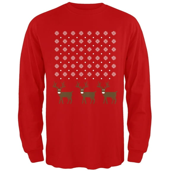 Snowflake and Reindeer Ugly Christmas Red Adult Long Sleeve T-Shirt - X-Large