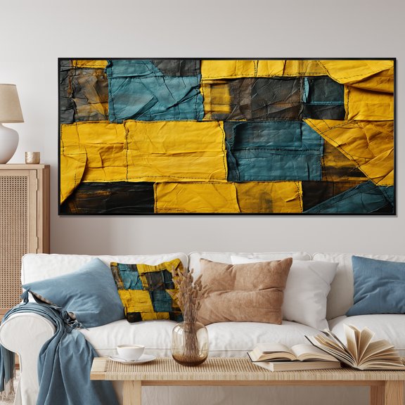 Designart "Abstract Cube Echoes in Yellow and Green" Oversized Abstract Framed Wall Art - Transitional Yellow Abstract Collages Hallway Framed Wall Art Decor
