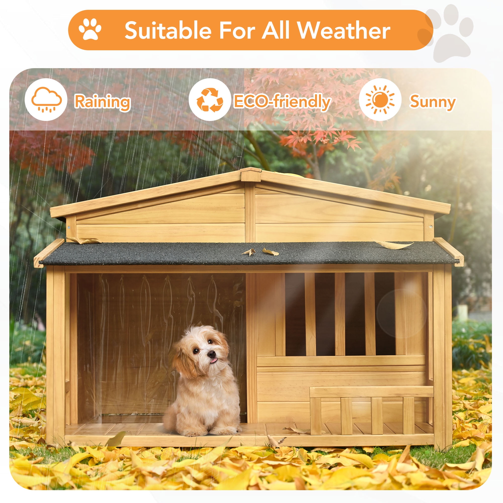 Pefilos 47.2" Outdoor Wood Dog House, Weatherproof Dog Shelter for Medium Dogs, Indoor Pet Kennel with Porch and Detachable Curtain, Beige Pefilos 47.2" Outdoor Wood Dog House, Weatherproof Dog Shelter for Medium Dogs, Indoor Pet Kennel with Porch and Detachable Curtain, Beige