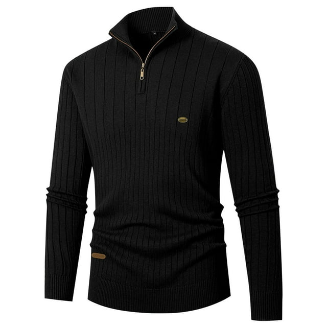 Fall Sweaters for Men with Zipper Stand Collared Long Sleeve Knitted Sweatshirts Stretchy Slim-Fit Pullover Solid Color Office Work Sweater Shirts