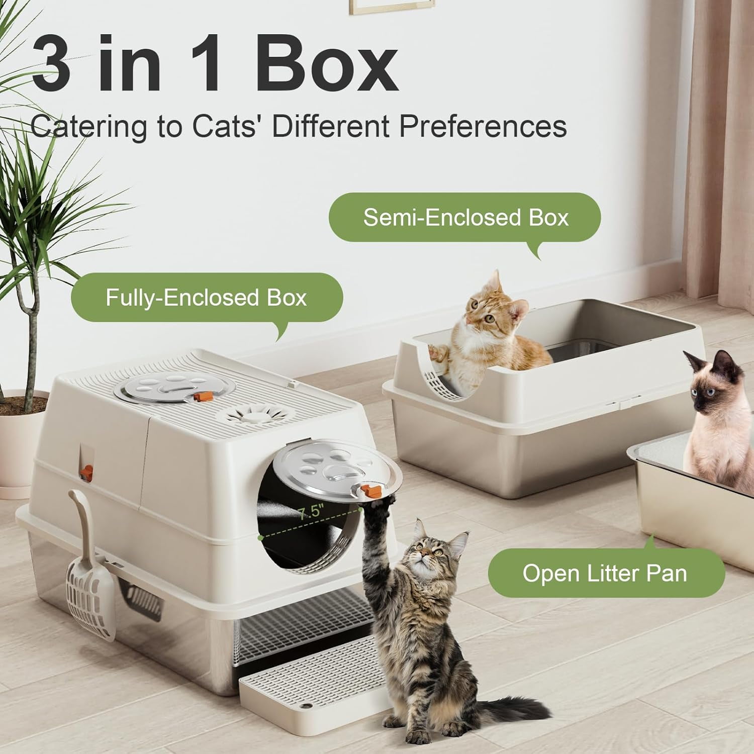 XL 3 in 1 Enclosed Extra Large Metal Litter Box w/Lid, Stainless Steel Cat Litter Box, Odorless Steel Litter Pan, Anti-Leakage & Easy Clean, High Sided Metal Litter Box w/Scoop, Beige