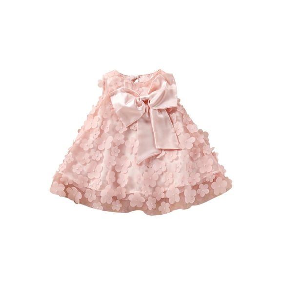 LMLYSoH Toddler Baby Girls Casual Dress, Solid Color Flower Printed Mesh Patchwork Bowknot Sleeveless Dress