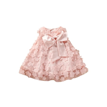 

Arvbitana Baby Girls Solid Color Princess Dress Sleeveless Round Neck Flower Printed Patchwork Bowknot Mesh Dress for Casual Daily Party 3M-3T