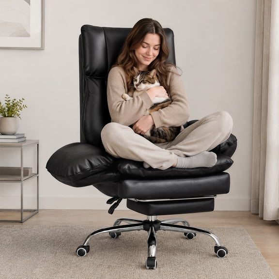 Waleaf 400lbs Executive Office Chair with Footrest, Ergonomic Leather Desk Chair with 180° Flip Armrests for Cross-Legged Sitting & 135° Reclining Back