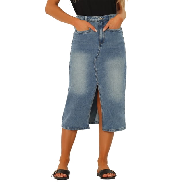 Falda de mezclilla INSPIRE CHIC para mujer, falda midi de mezclilla con cintura alta y abertura frontal, con bolsillos, color gris azul