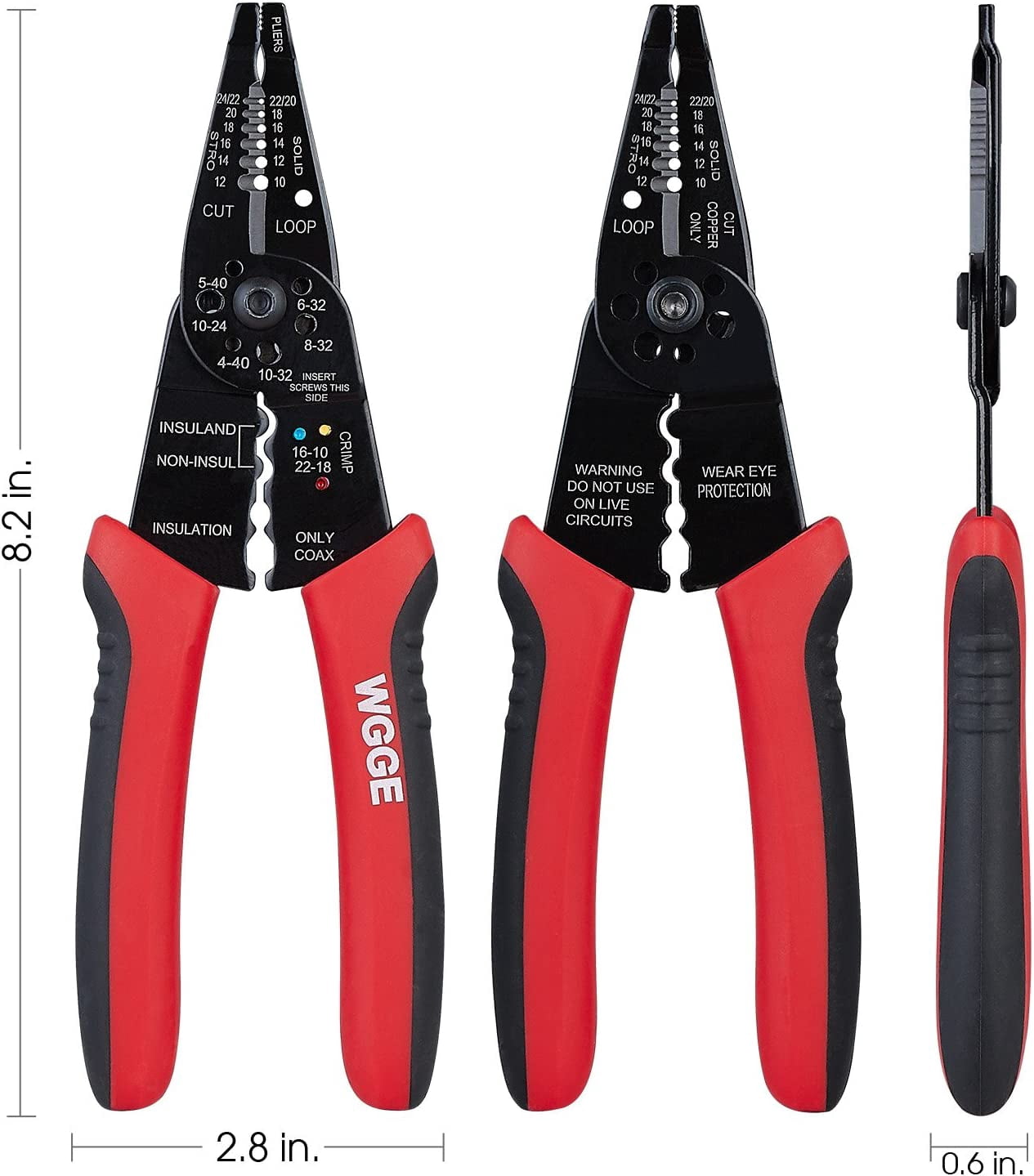 WG-015 Professional 8-inch Wire Stripper/Crimping Tool, Cable Cutter/Crimper, Wiring and Multi-Function Hand Tool, Red With Black